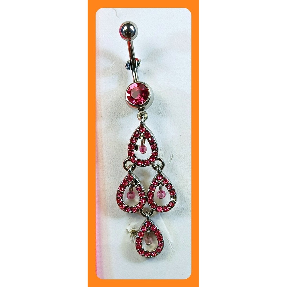 Vintage 90s Pink Rhinestone Chandelier Belly Button Ring 316L Steel 14G New